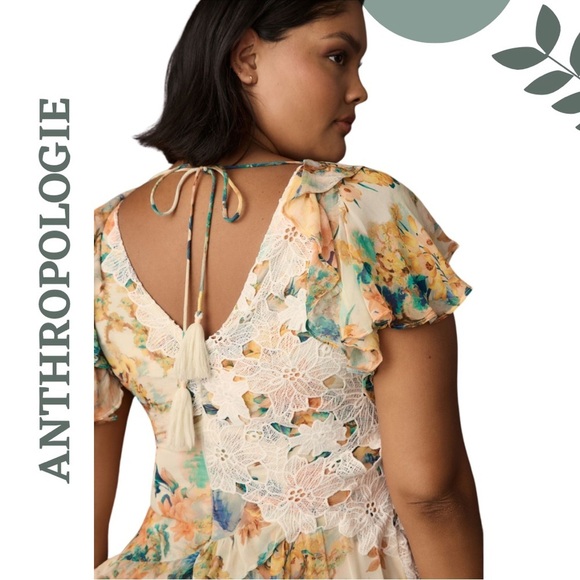 Anthropologie Floral Ruffle Maxi Hi Low Dress - V Neck Lined Romantic Size 20W - Picture 4 of 13